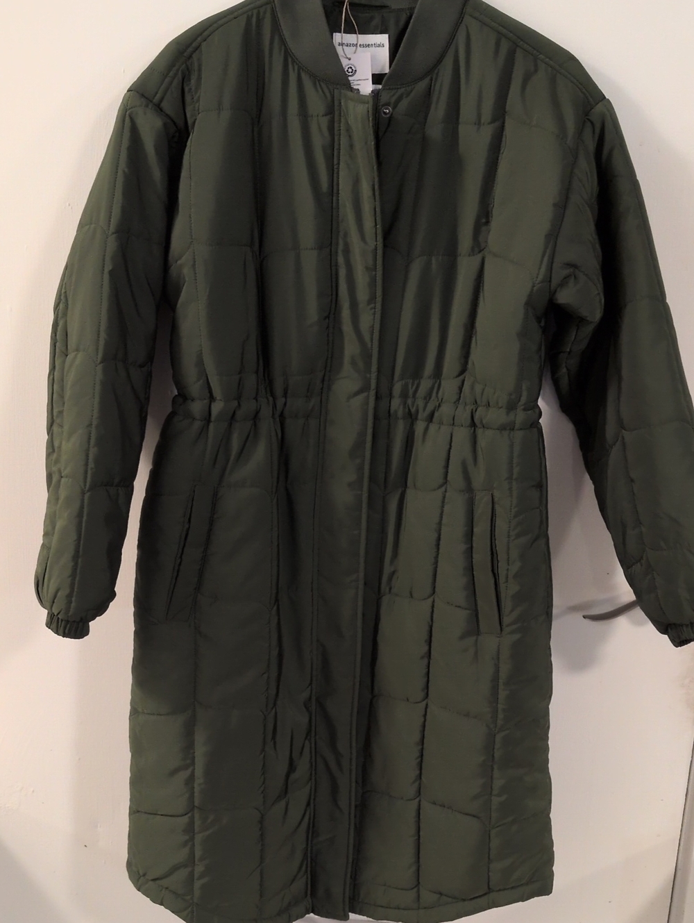 Essentials Olive Green Long Quilted Puffer Coat